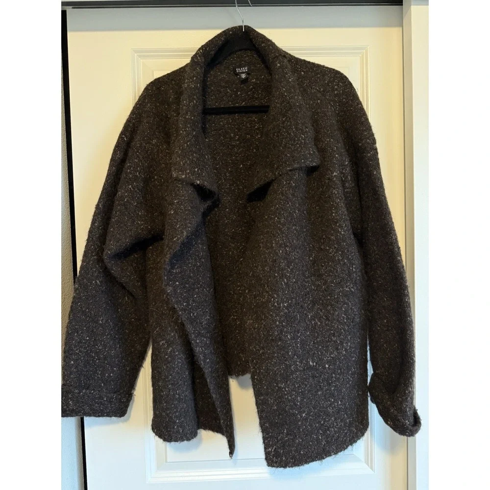 Eileen Fisher AlpacaWool Open Drape Sweater Over Coat SZ L Cardigan Chunky Brown